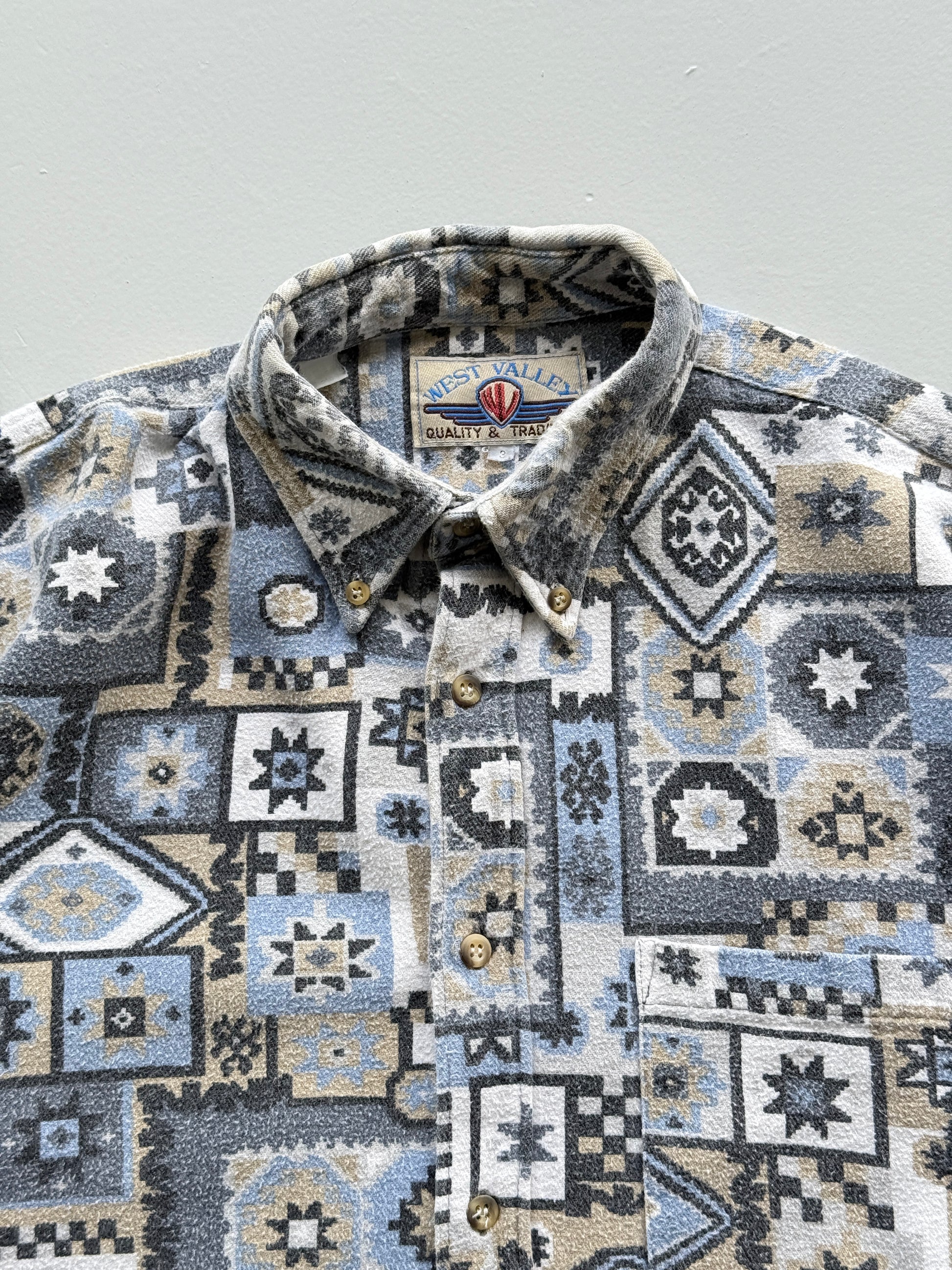 Blue Western Pattern West Valley 90's Vintage Long Sleeve Shirt - Small