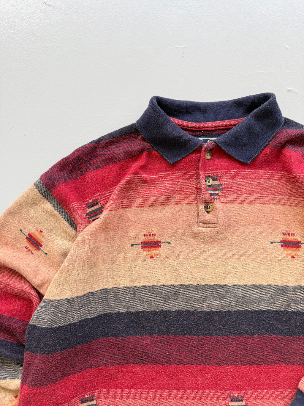 Navajo Aztec Stripe 90's Vintage Long Sleeve Cotton Polo - Medium