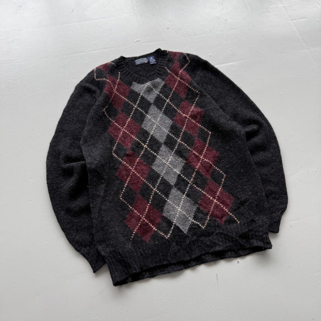 Grey Argyle Knitted 80s Vintage Knit Crew Neck Jumper - XL