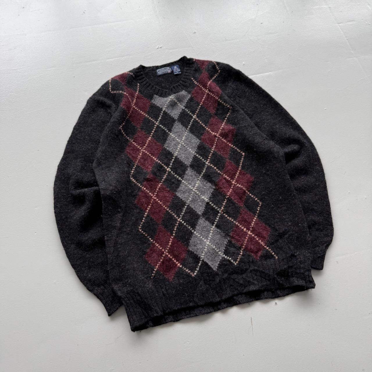 Grey Argyle Knitted 80s Vintage Knit Crew Neck Jumper - XL