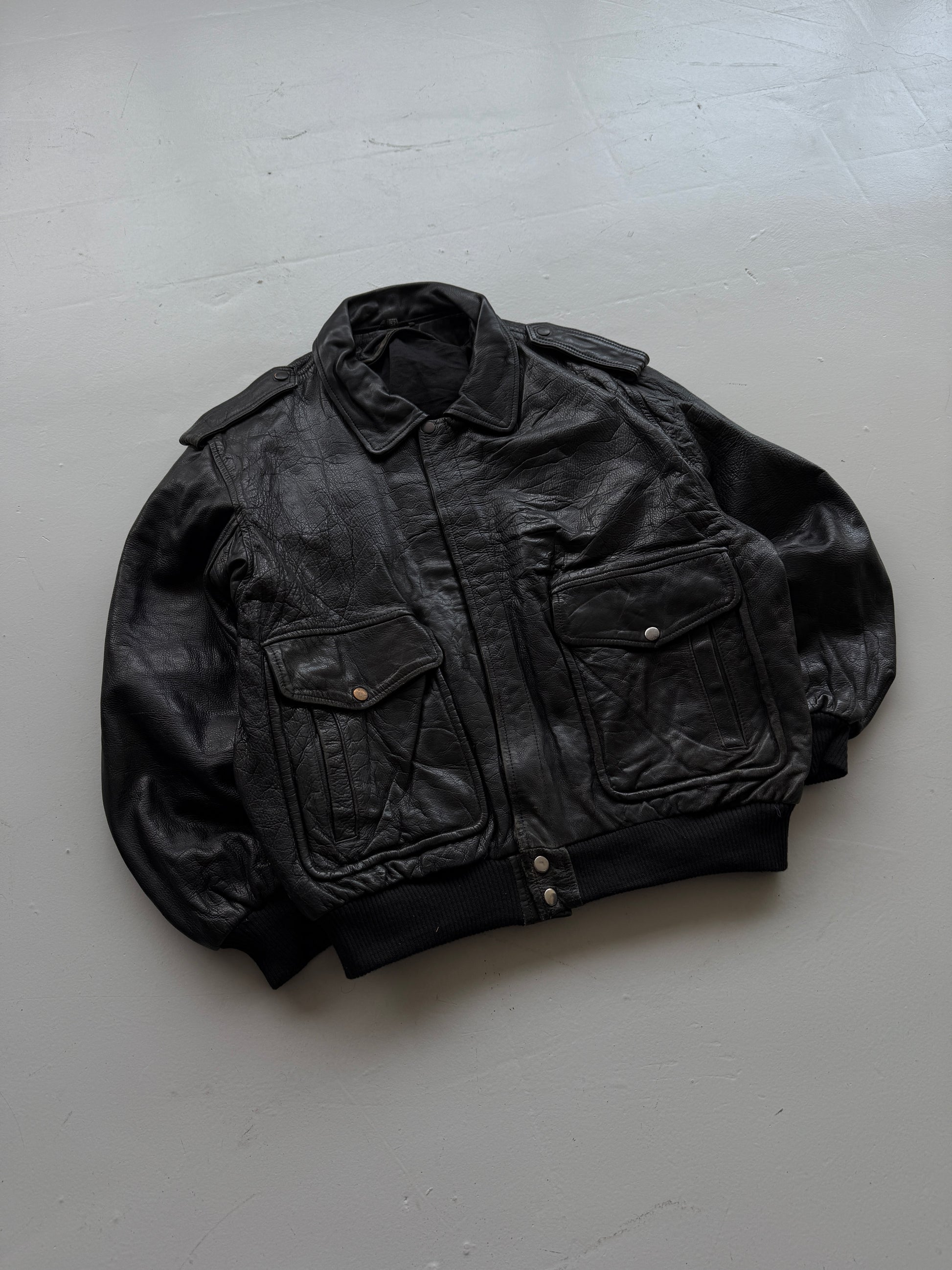 Black A2 Leather Vintage Aviation 90s Bomber Jacket - Large