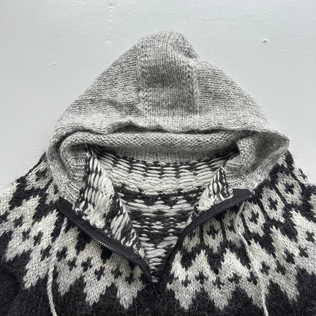 Charcoal Grey Hand Made 80s Vintage Woollen Knit Full-Zip Jumper / Hoodie - Large