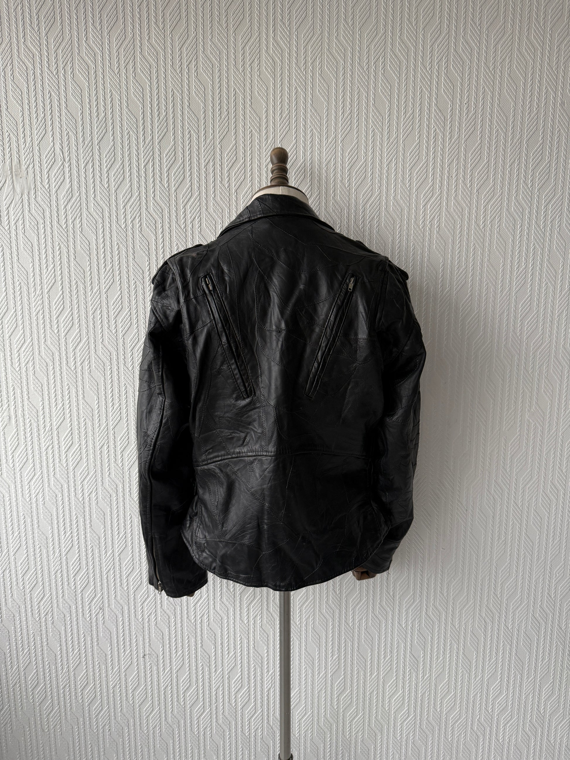 Black 80's Vintage Leather Biker Jacket- Medium