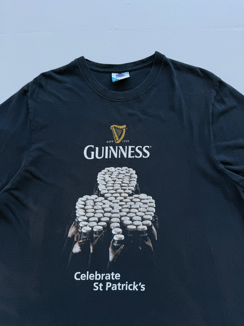 Faded Black Guinness 00's Vintage St Patricks Day Graphic T-Shirt- XL
