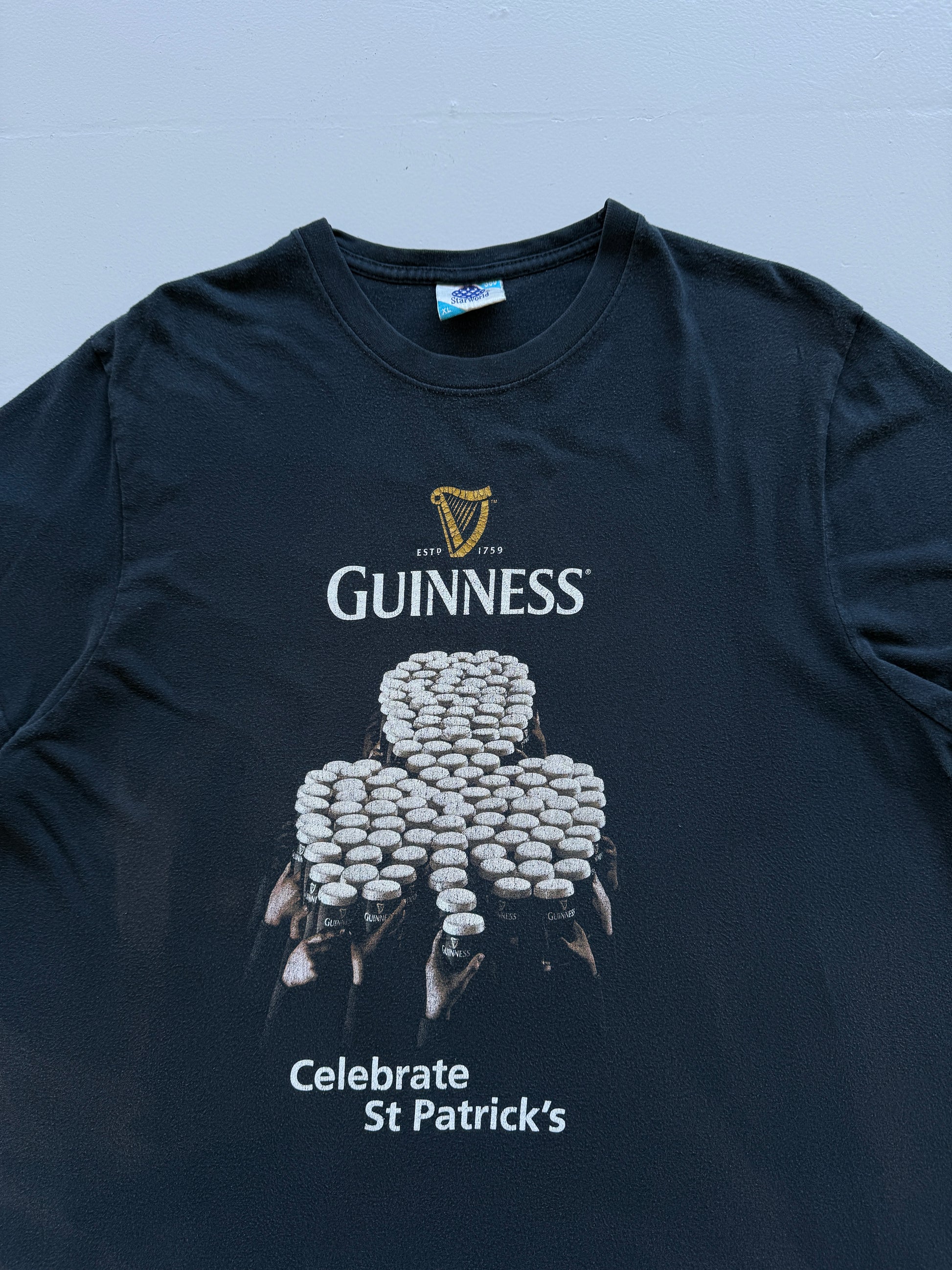 Faded Black Guinness 00's Vintage St Patricks Day Graphic T-Shirt- XL
