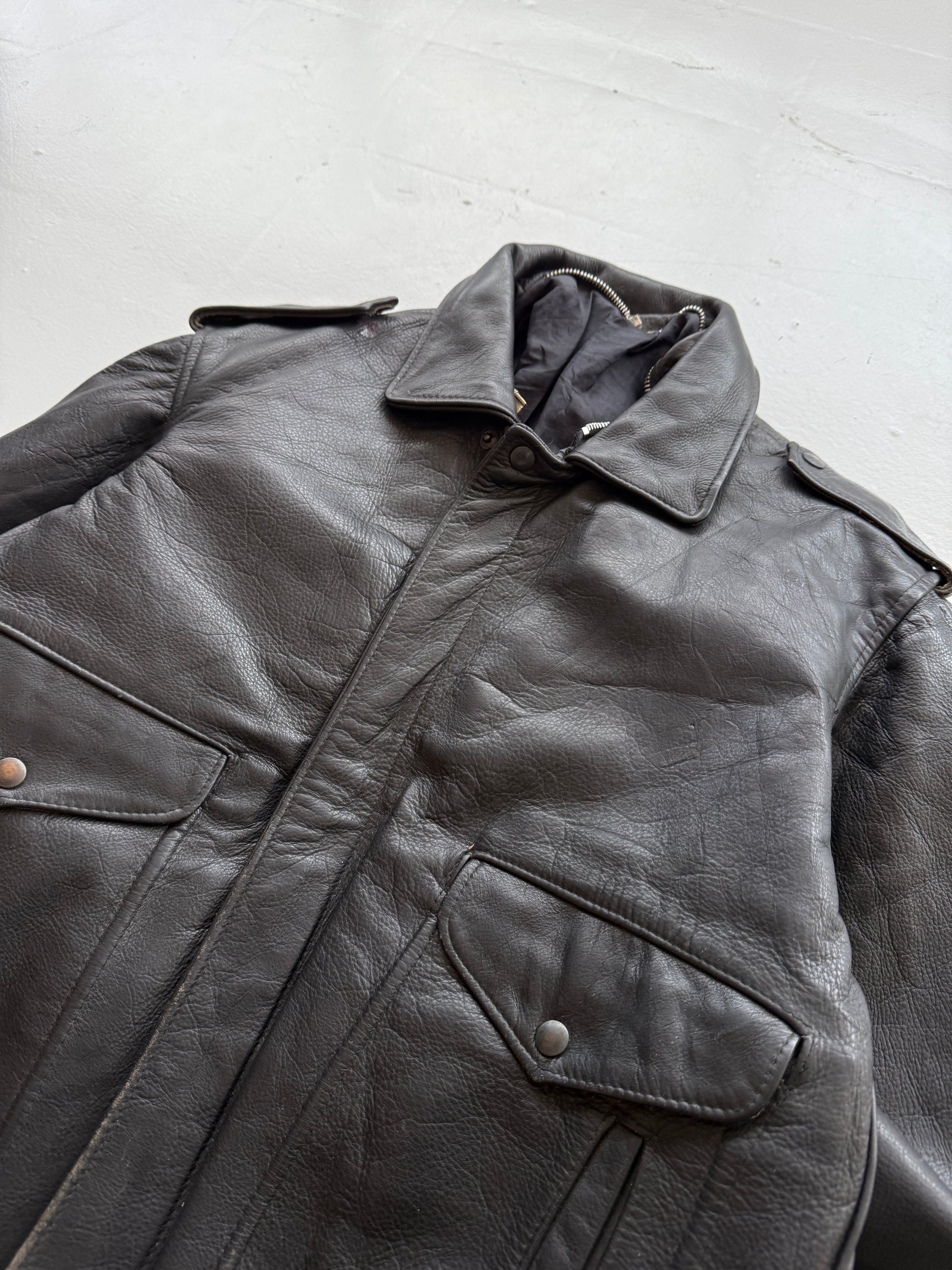 Black A2 Leather Vintage Aviation Bomber Jacket 003 - Medium