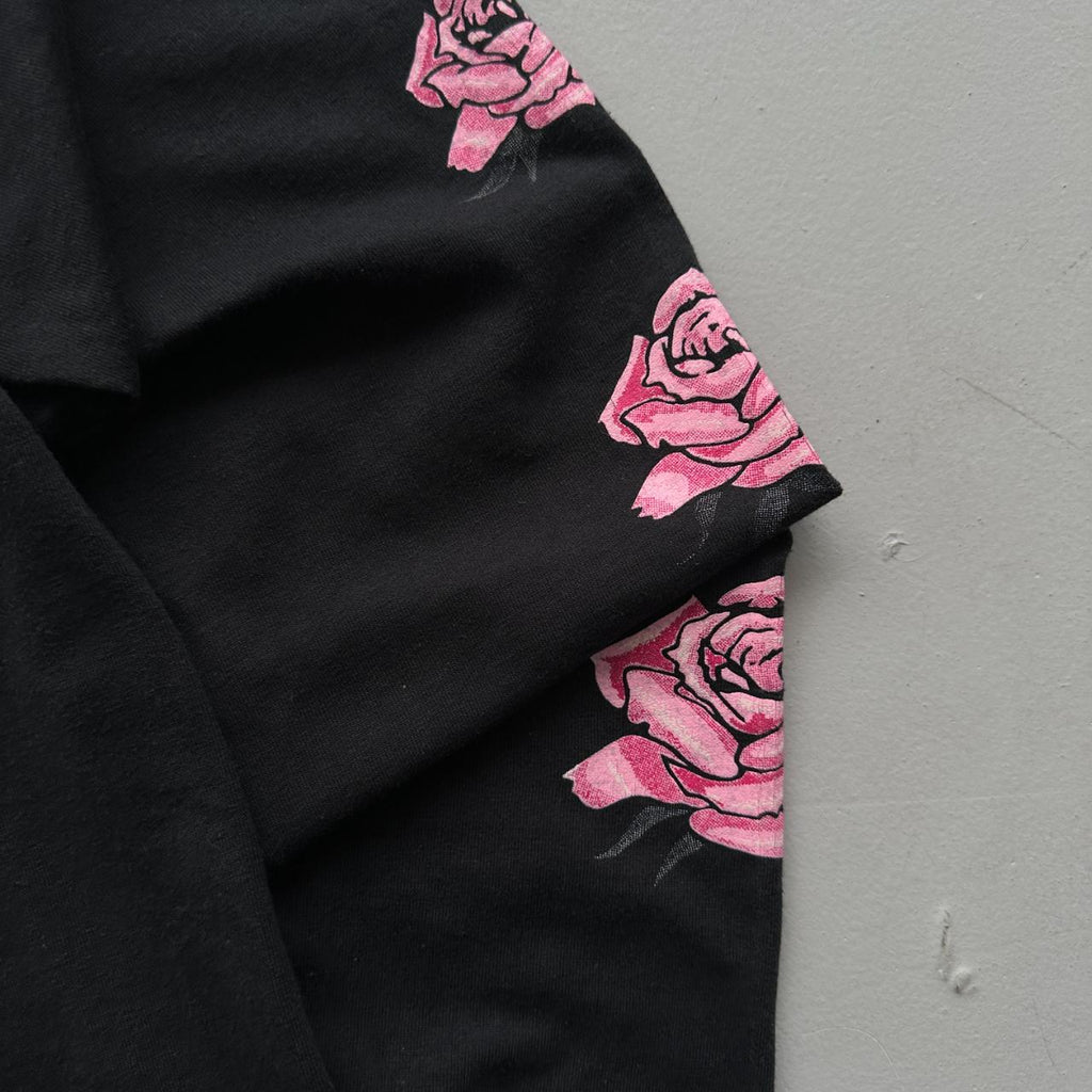 Black Floral Long Sleeve Biker 90s Vintage T-shirt - Medium