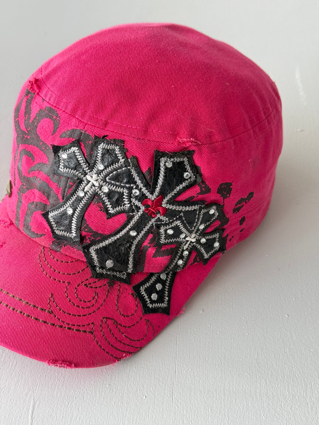 Pink Crucifix Y2K Cadet Cap Military Style 00's Grunge Aesthetic