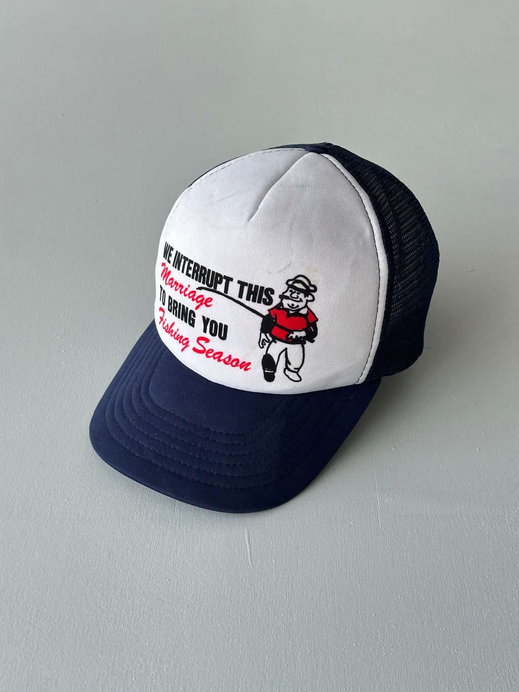 White / Navy Fishing Season 90's Vintage Foam and Mesh SnapBack Trucker Cap
