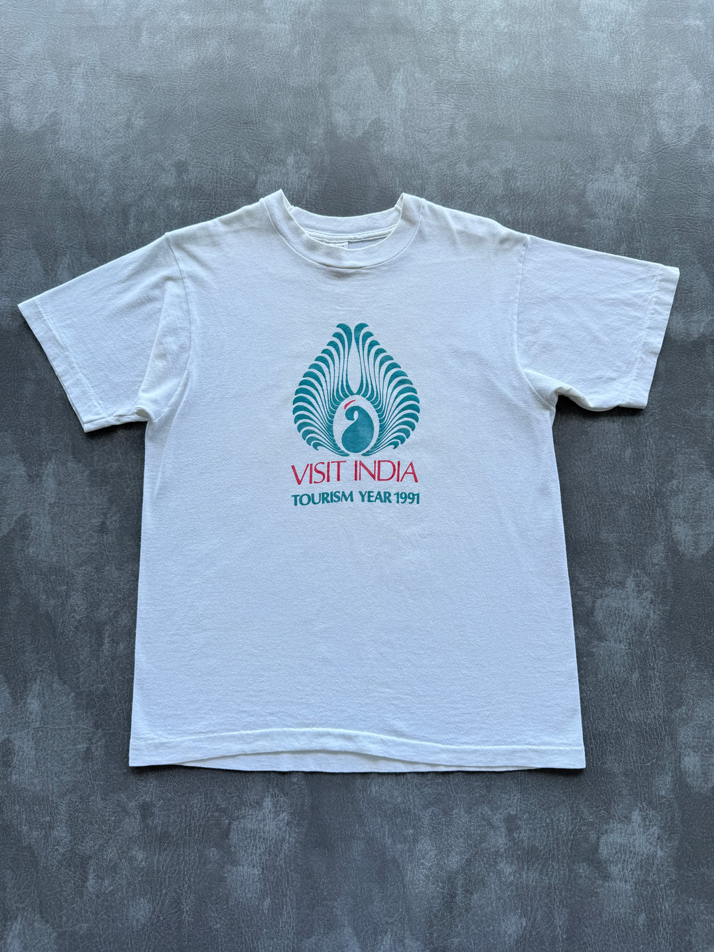 White Visit India Tourism Year 1991 Vintage Single Stitch Graphic T-Shirt - Smal