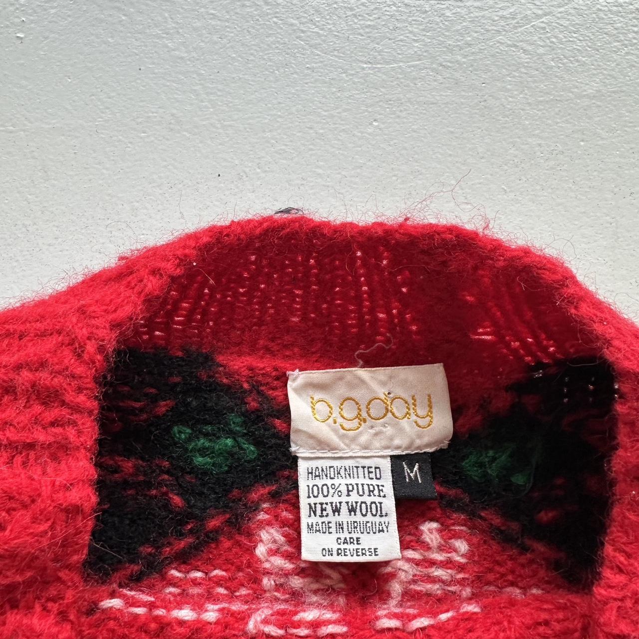 Red Floral Patterned 70s Vintage Woollen Knit Jumper - Medium