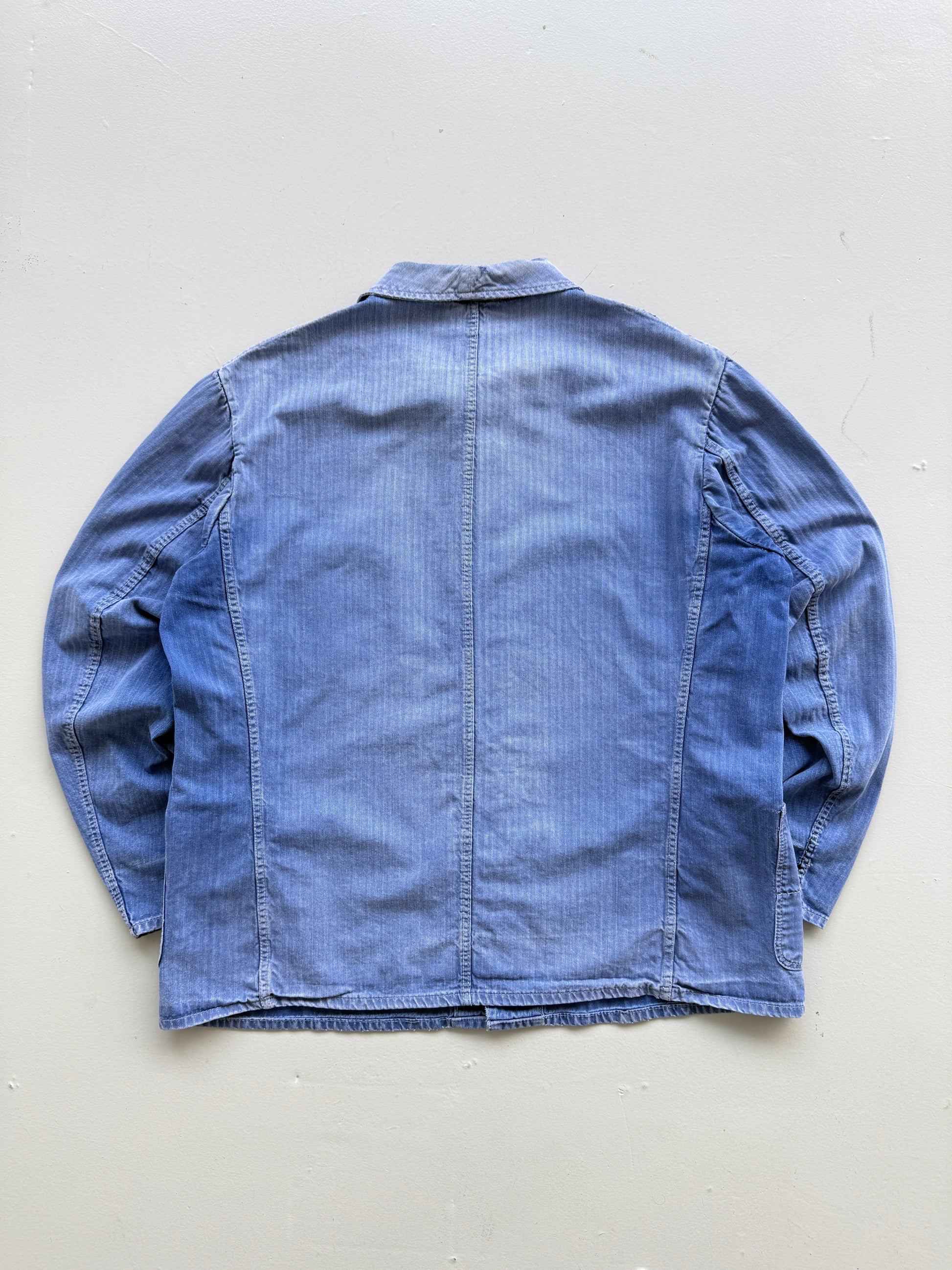 Faded Blue Herringbone French Vintage Workwear Chore Jacket CH385 - Medium