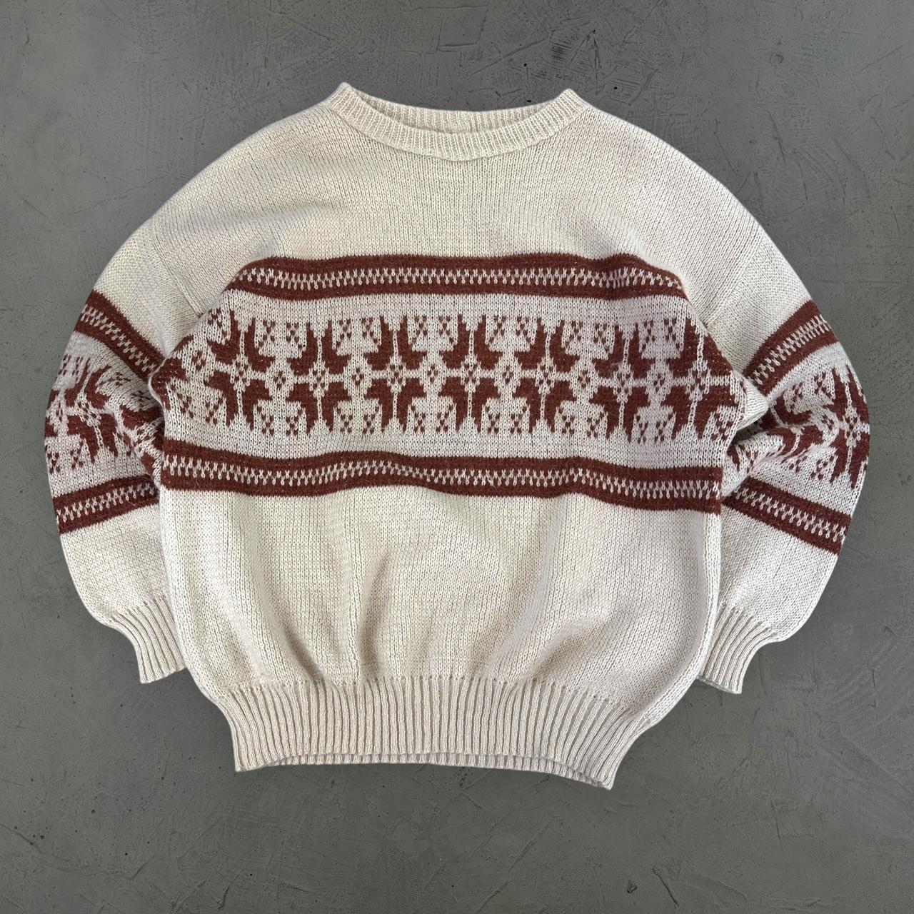 Cream / Auburn 90's Woollen Hand Knitted Sweatshirt - Large