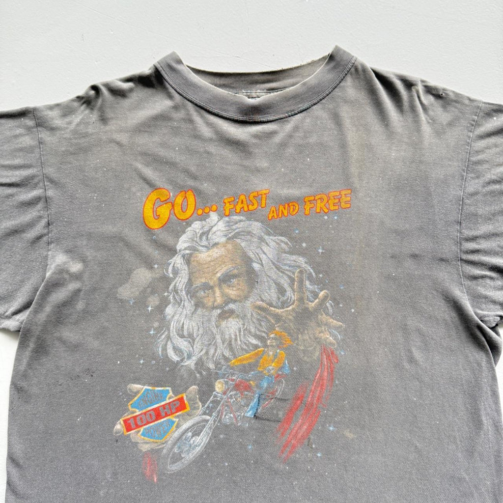 Faded Grey Biker 90s Vintage Thrashed T-Shirt - Large