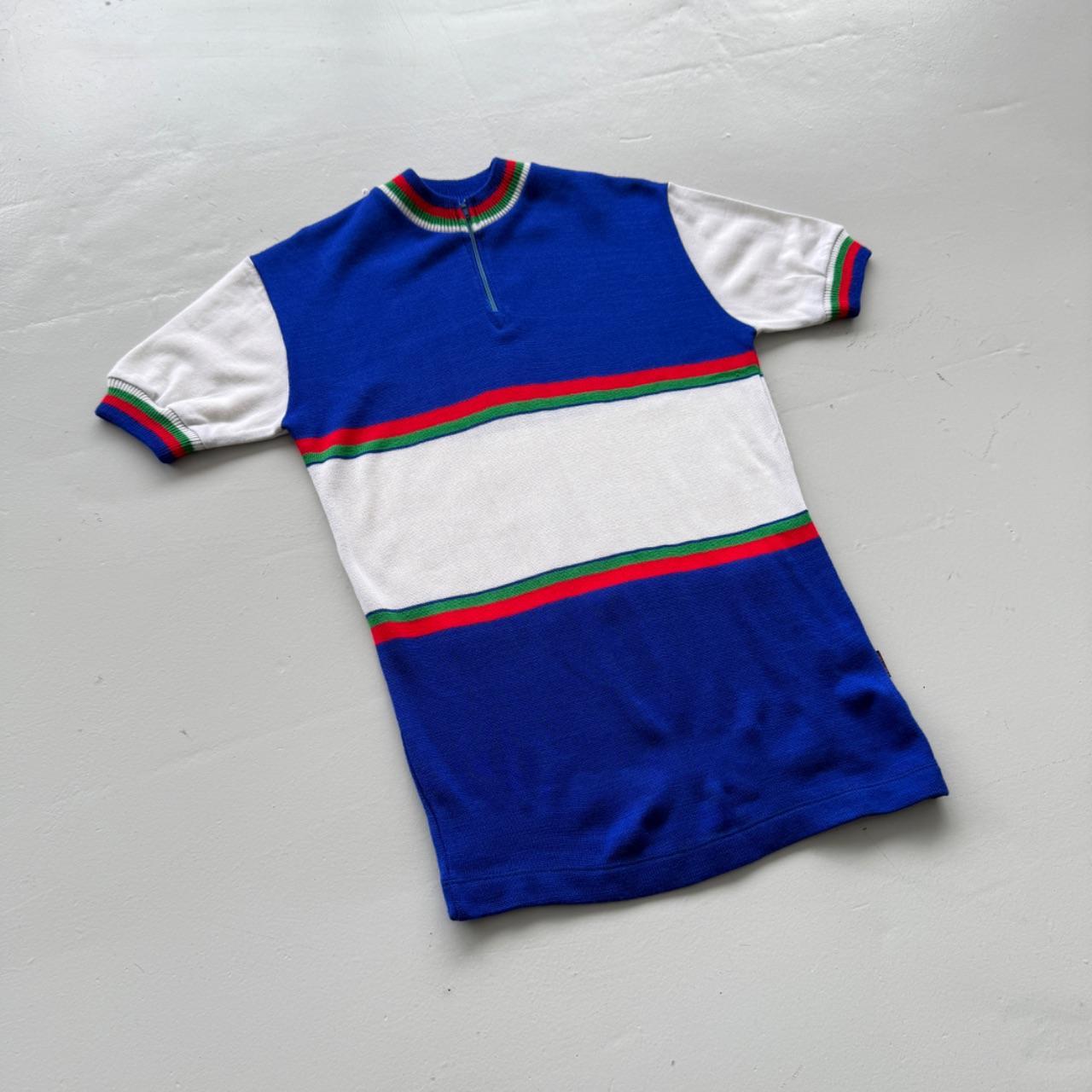 Blue Striped Flower 80's Deadstock Knit Cycling Jersey - Small