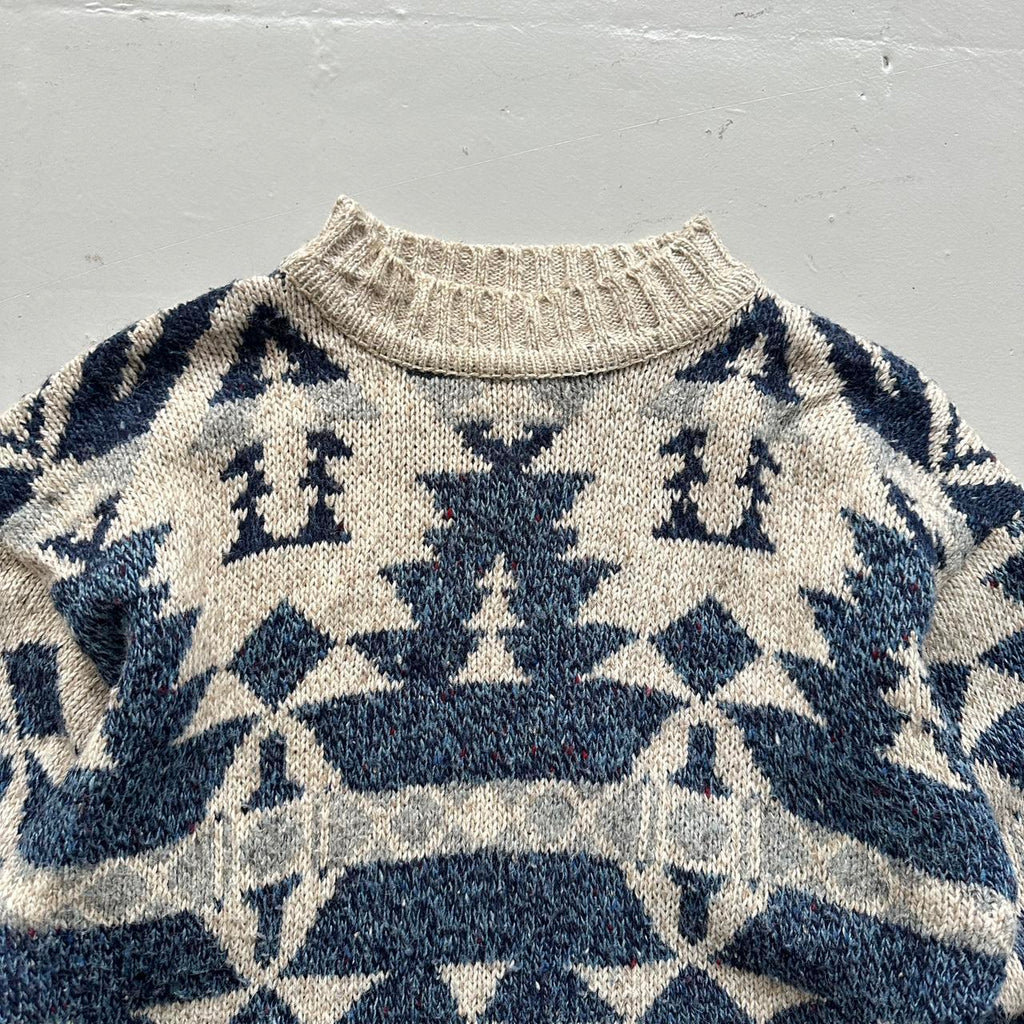 Cream Aztec Patterned 90s Vintage Woollen Knit Jumper - Medium