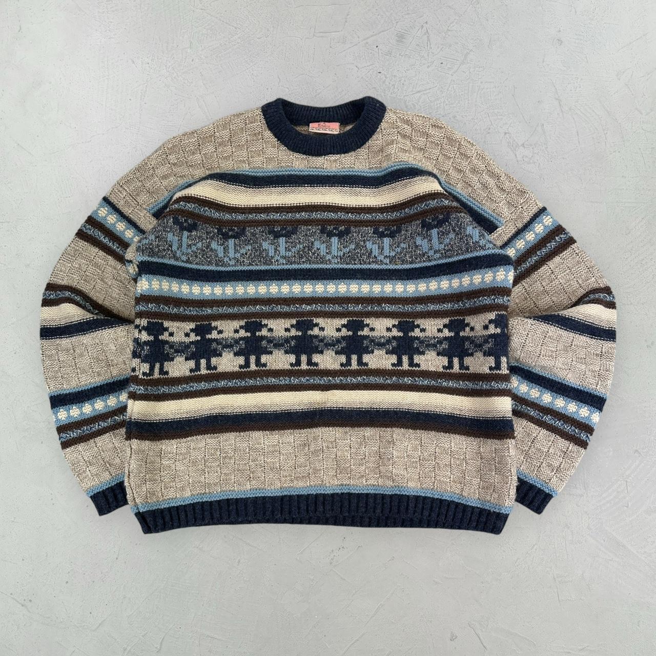 Cream / Navy 90's Woollen Knitted Sweatshirt - Small