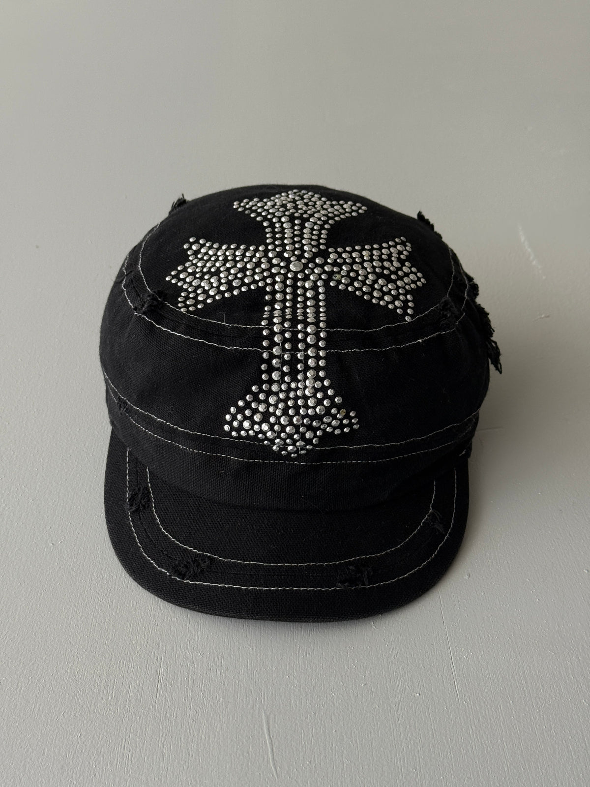 Black Studded Crucifix Y2K Cadet Cap Military Style 00's Grunge Aesthetic