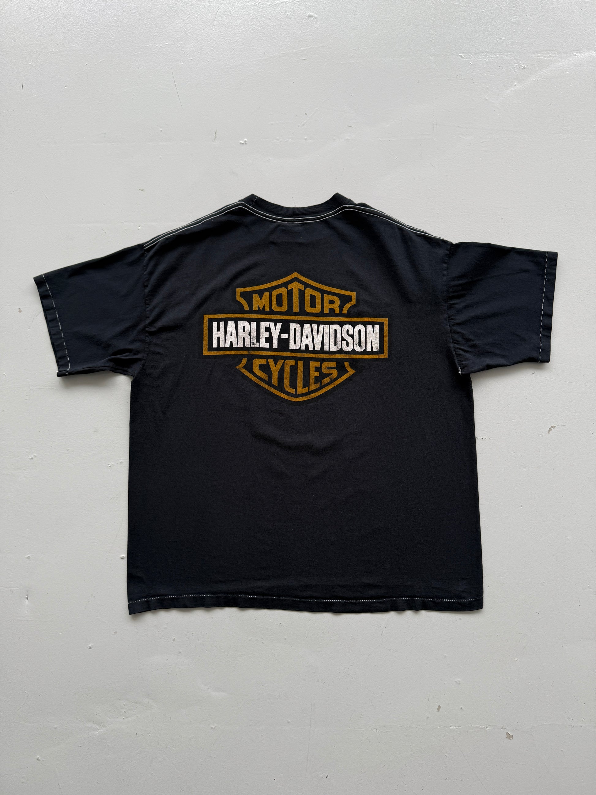Black Harley Davidson 90's Vintage Graphic Over Dyed Biker T-Shirt - XL