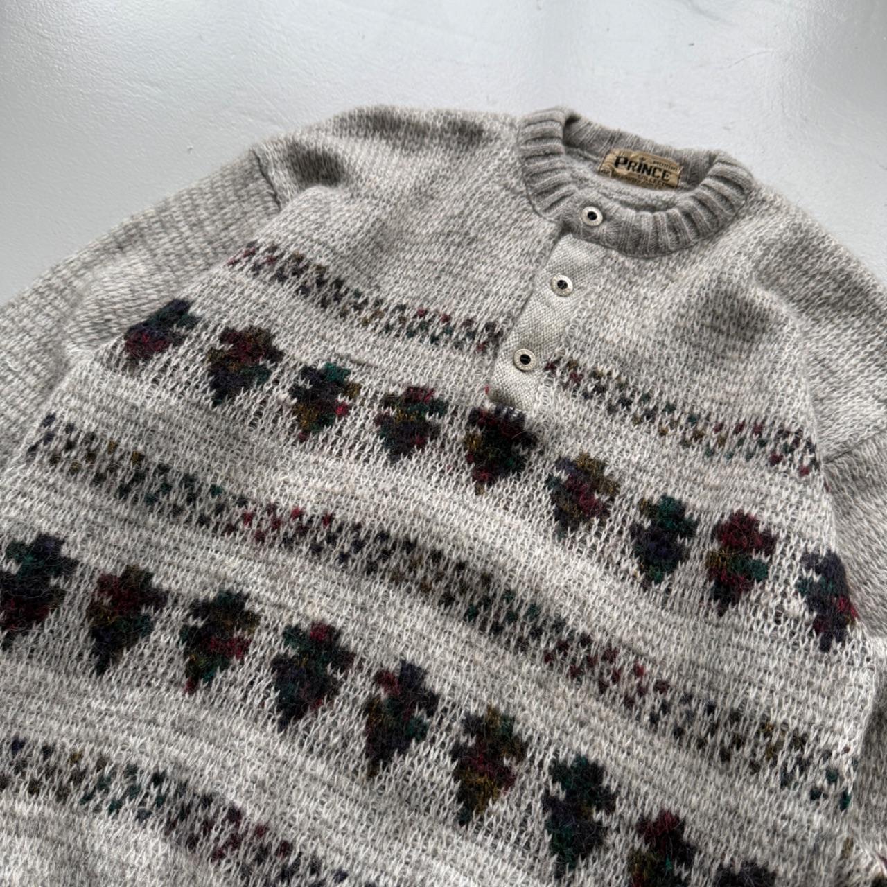 Grey Pattern Knit 80s Vintage Wool Sweatshirt - Medium