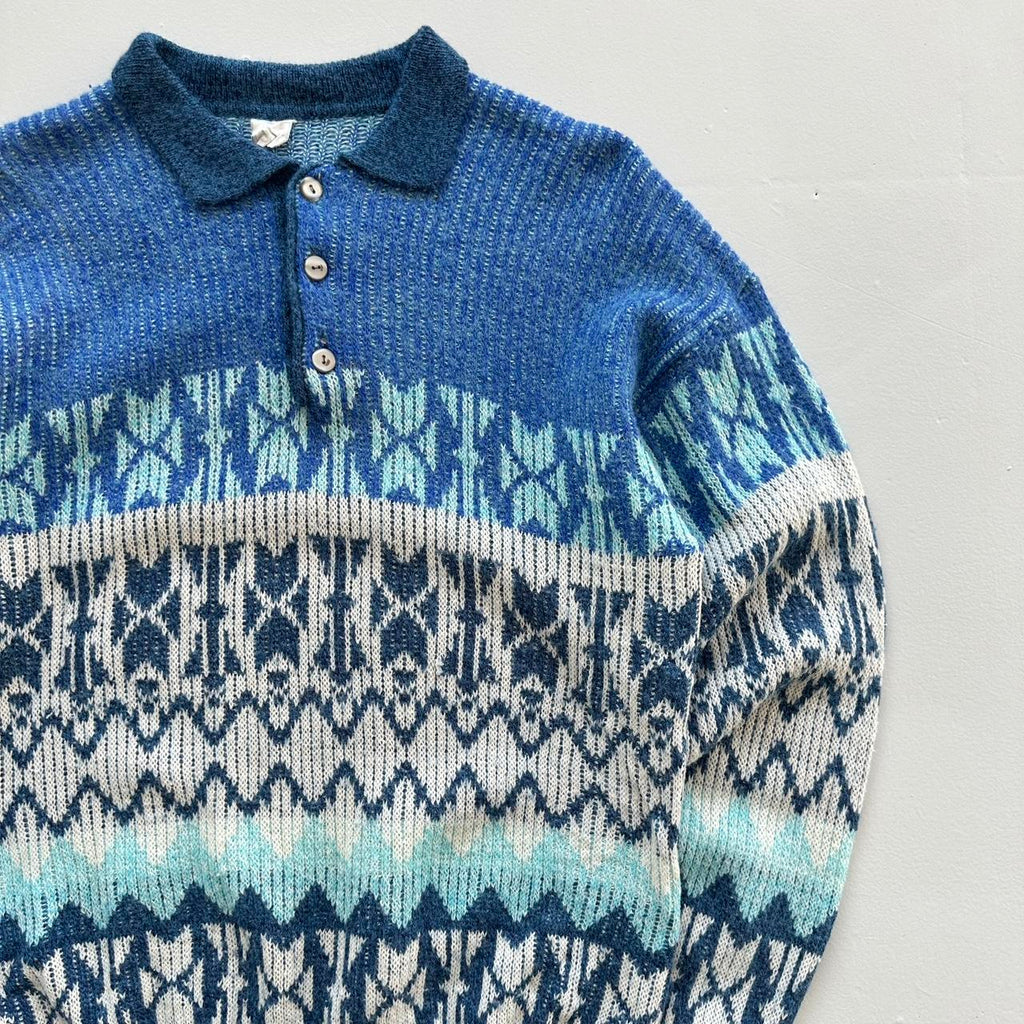 Blue 3D Knit Quarter Collar 90s Knitted Sweatshirt - Large