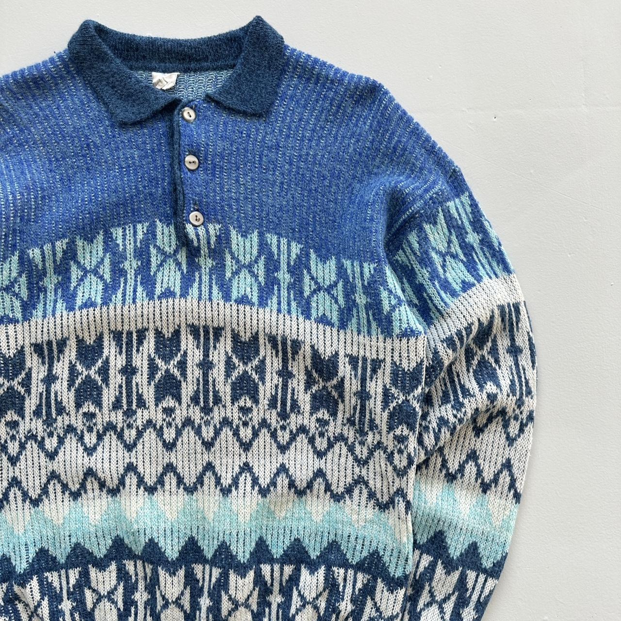 Blue 3D Knit Quarter Collar 90s Knitted Sweatshirt - Large
