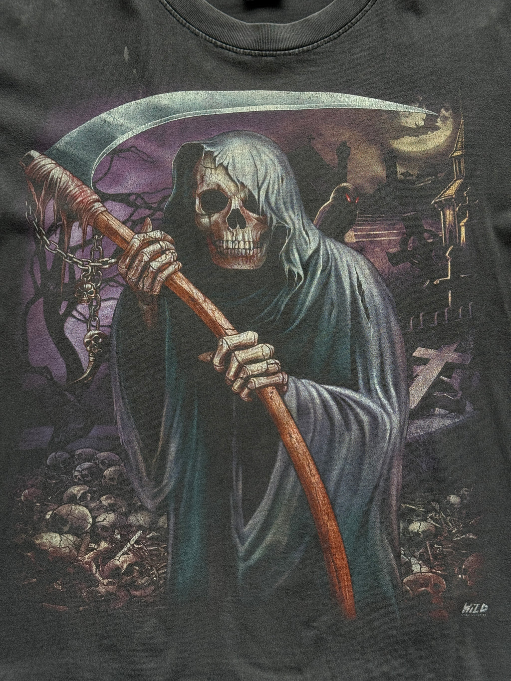 Grey Sun Faded Grim Reaper 90's Vintage Gothic Single Stitch T-Shirt- Boxy Large