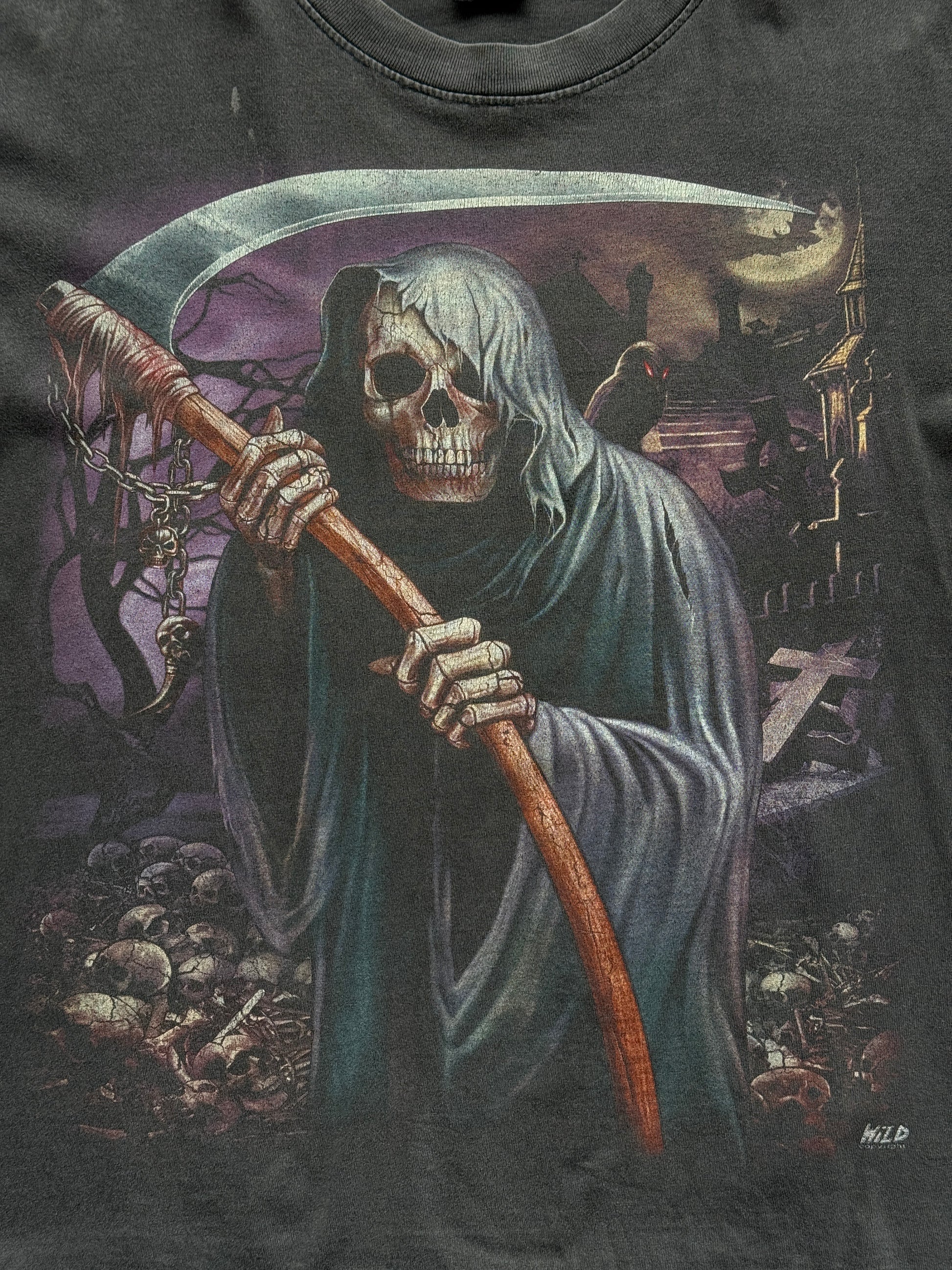 Grey Sun Faded Grim Reaper 90's Vintage Gothic Single Stitch T-Shirt- Boxy Large