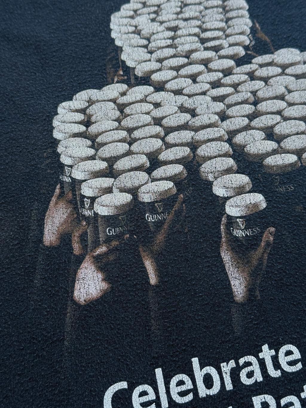 Faded Black Guinness 00's Vintage St Patricks Day Graphic T-Shirt- XL