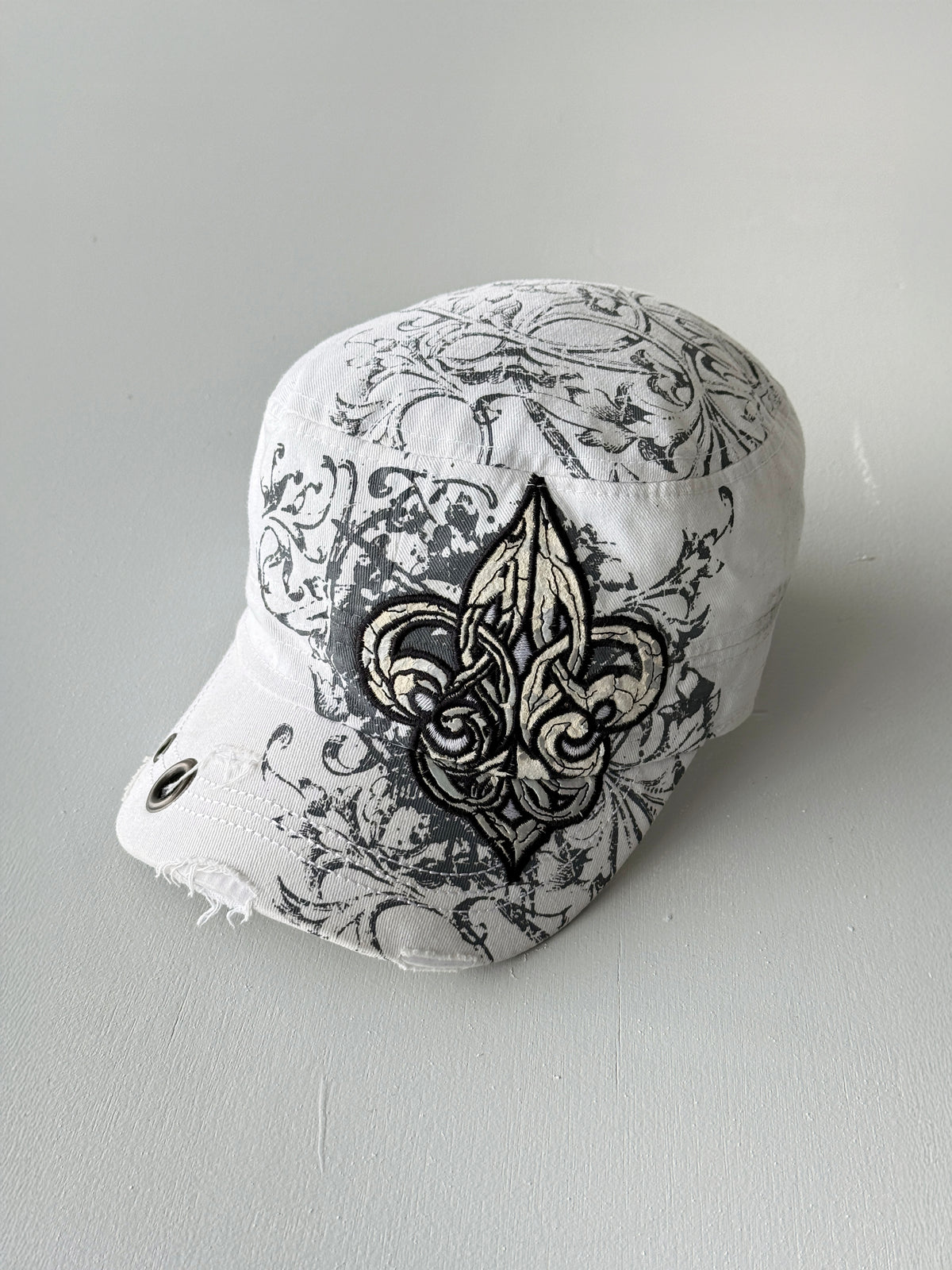 White Fleur-De-Lis Y2K Cadet Cap Military Style 00's Grunge Aesthetic