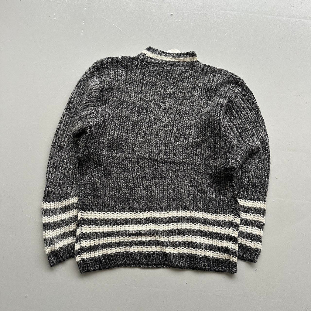 Grey Patterned Hand Knit Vintage Woollen Jumper - Medium