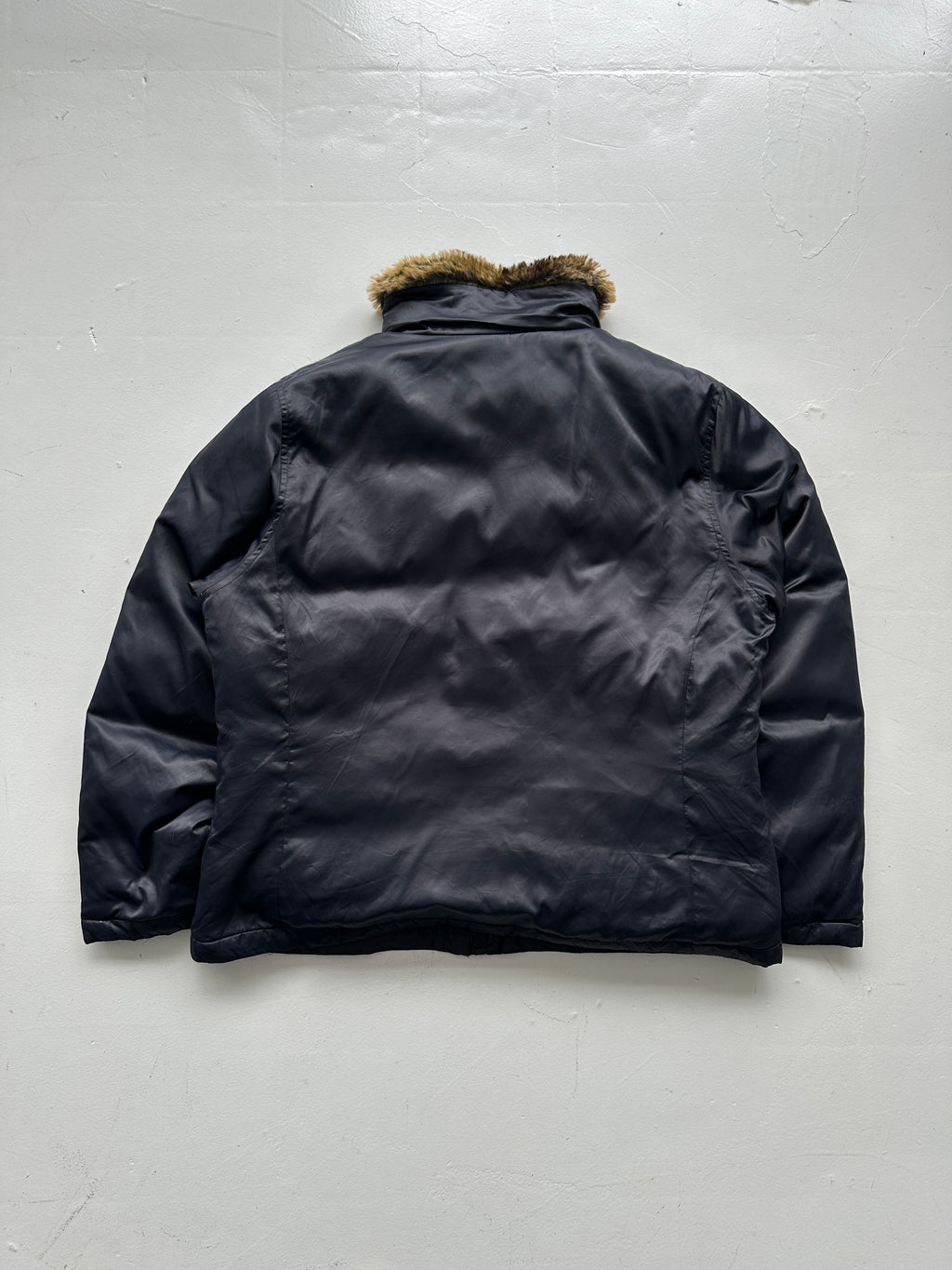 Navy Lands End Vintage 00's Goose Down Faux Fur Puffer - Womens Large 14-16