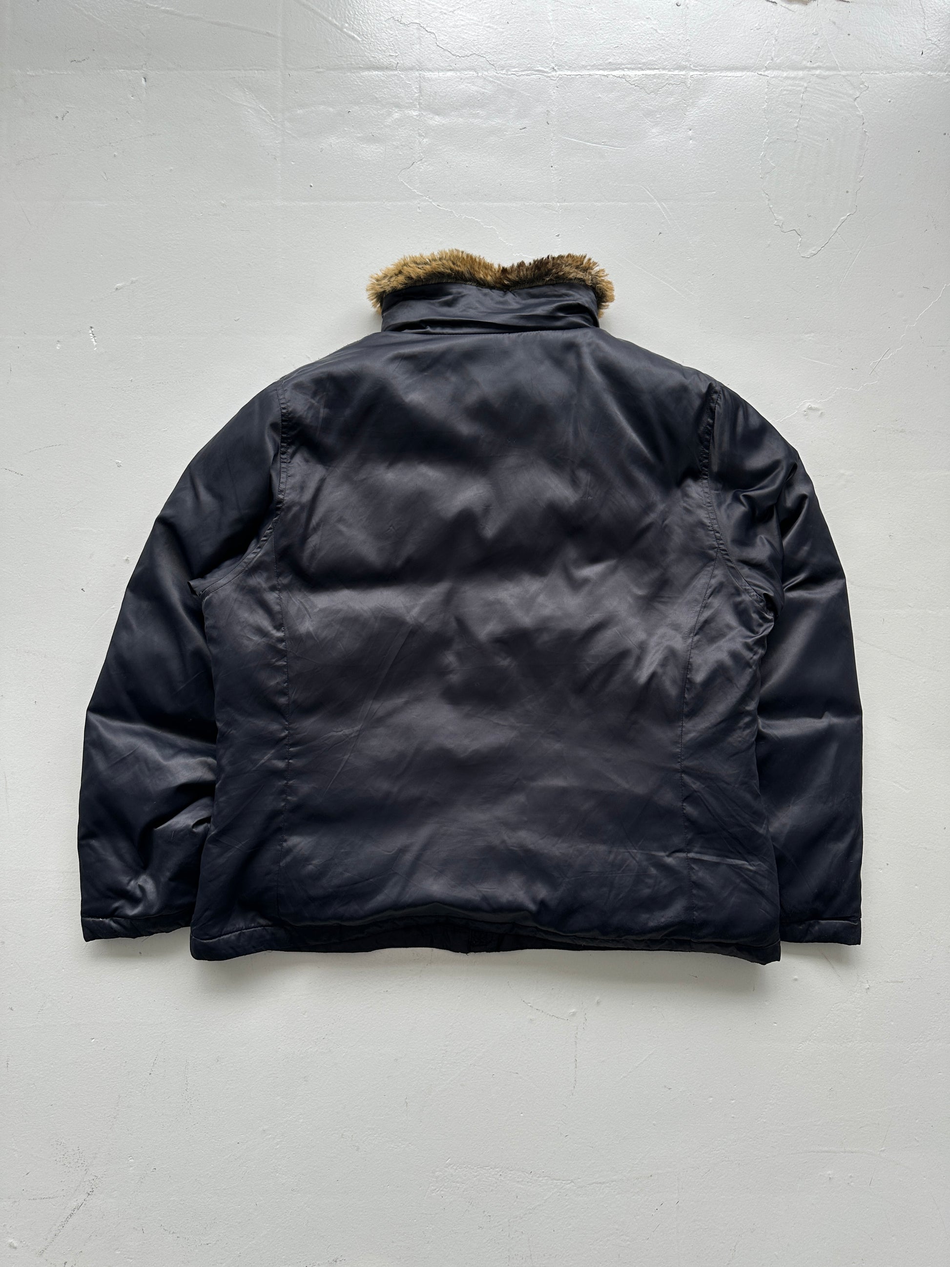 Navy Lands End Vintage 00's Goose Down Faux Fur Puffer - Womens Large 14-16