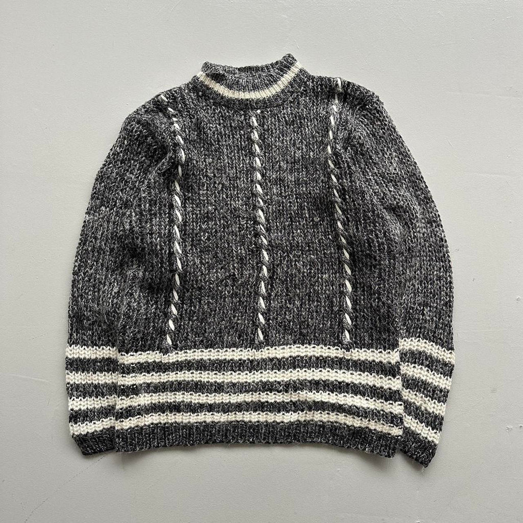 Grey Patterned Hand Knit Vintage Woollen Jumper - Medium