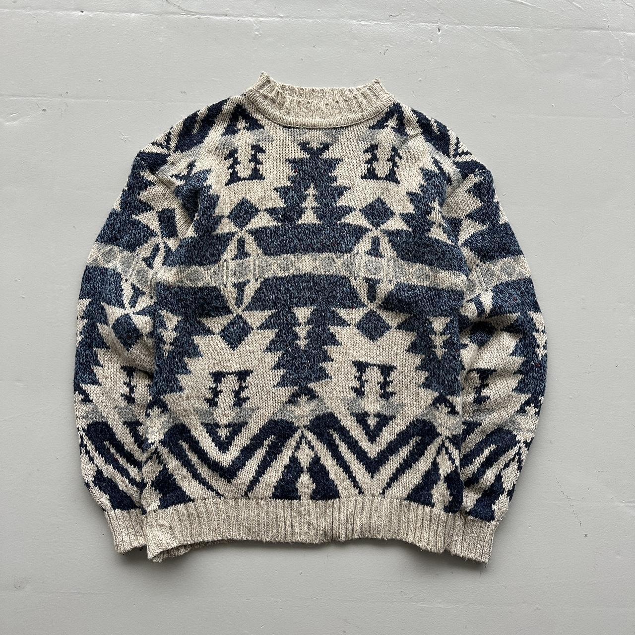 Cream Aztec Patterned 90s Vintage Woollen Knit Jumper - Medium