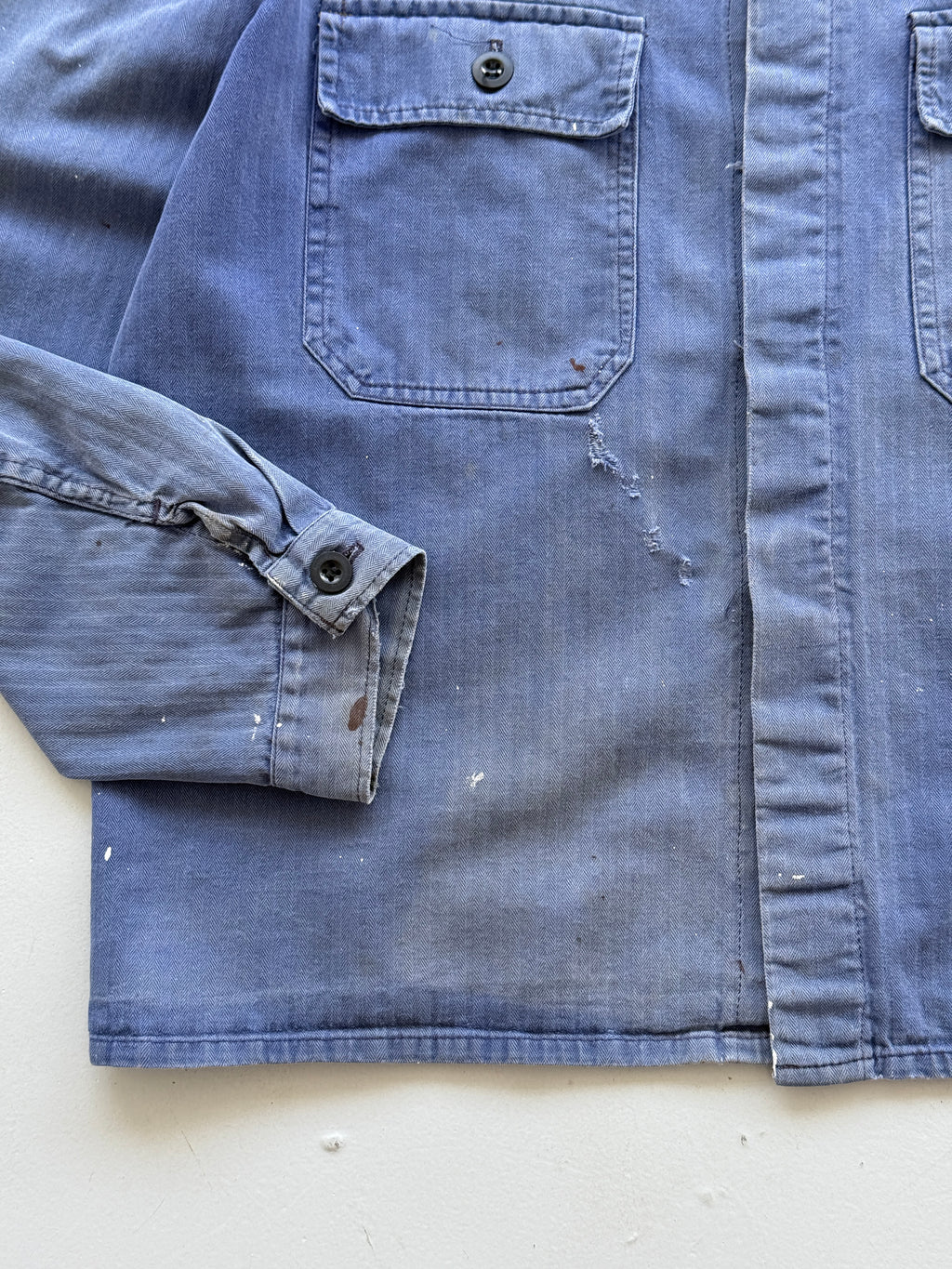 Thrashed Blue Herringbone French Vintage Workwear Chore Jacket CH368 - Small