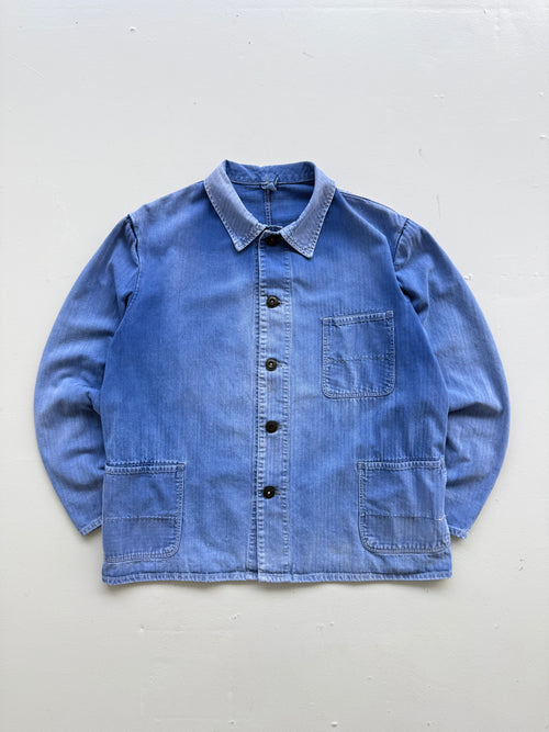Faded Blue Herringbone French Vintage Workwear Chore Jacket CH385 - Medium
