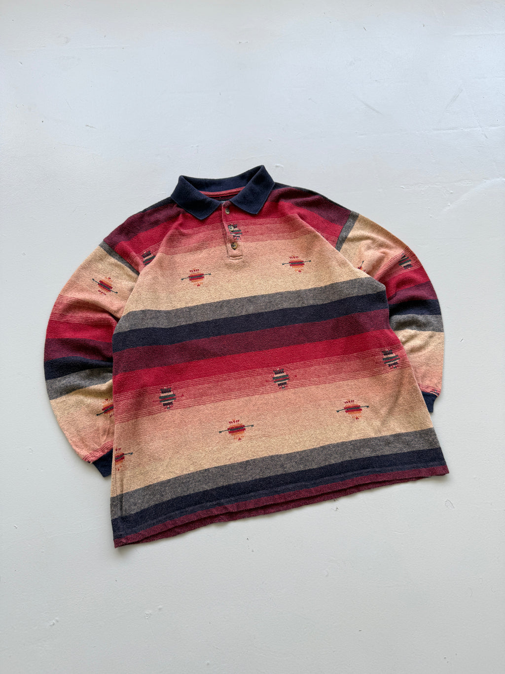 Navajo Aztec Stripe 90's Vintage Long Sleeve Cotton Polo - Medium