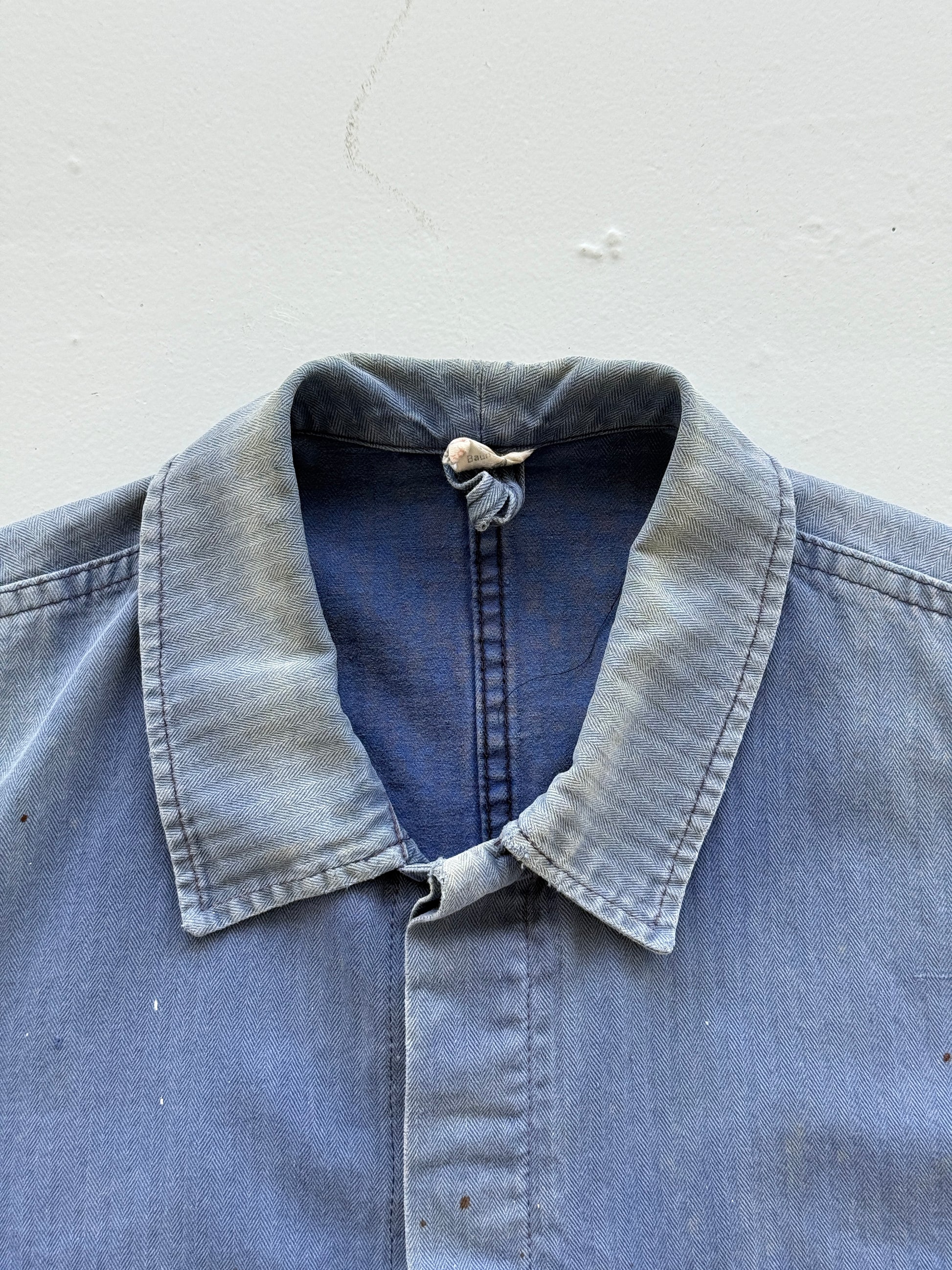 Thrashed Blue Herringbone French Vintage Workwear Chore Jacket CH368 - Small