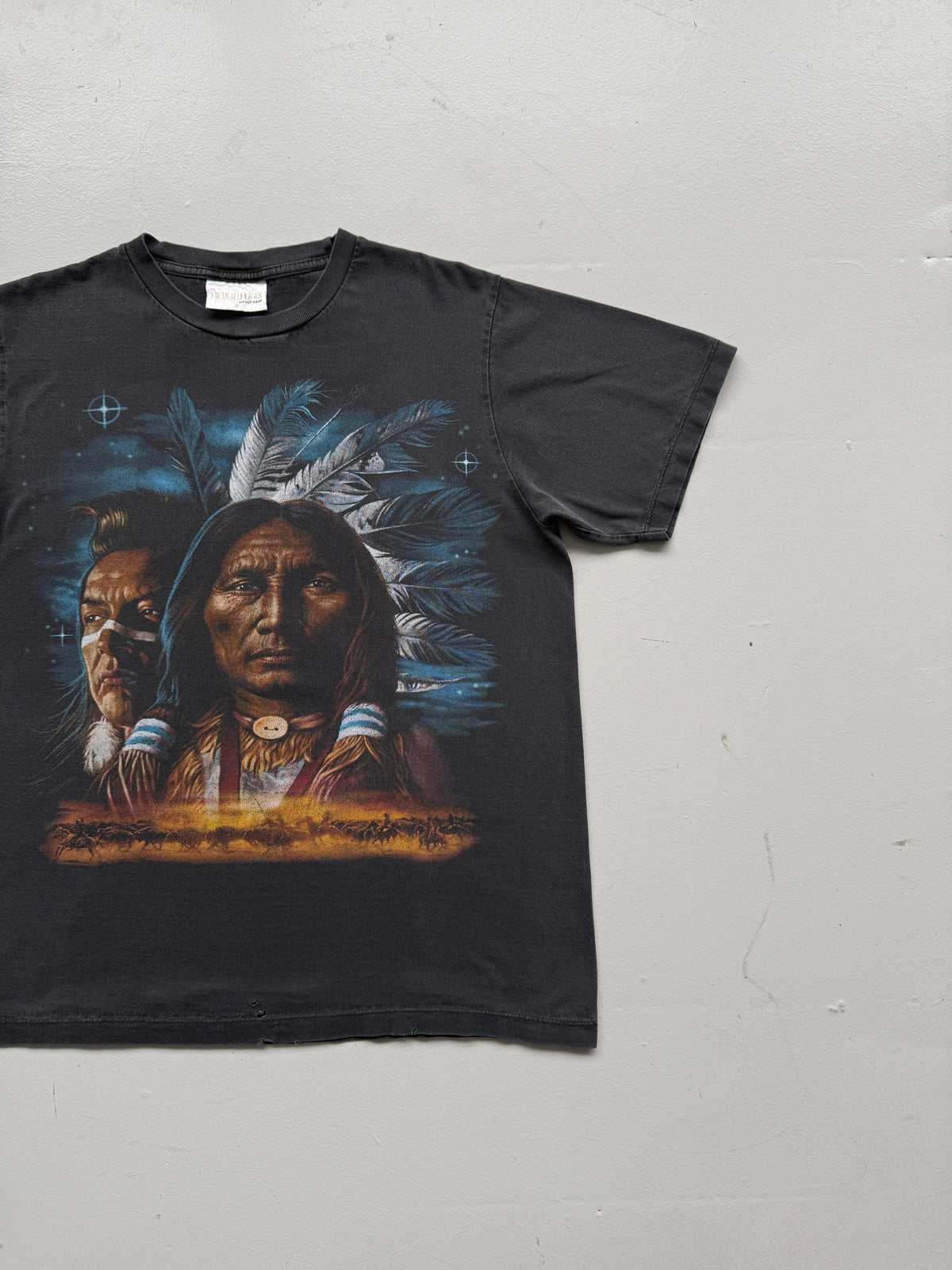 Faded Black Native American Chief 90's Vintage Graphic T-Shirt - Medium