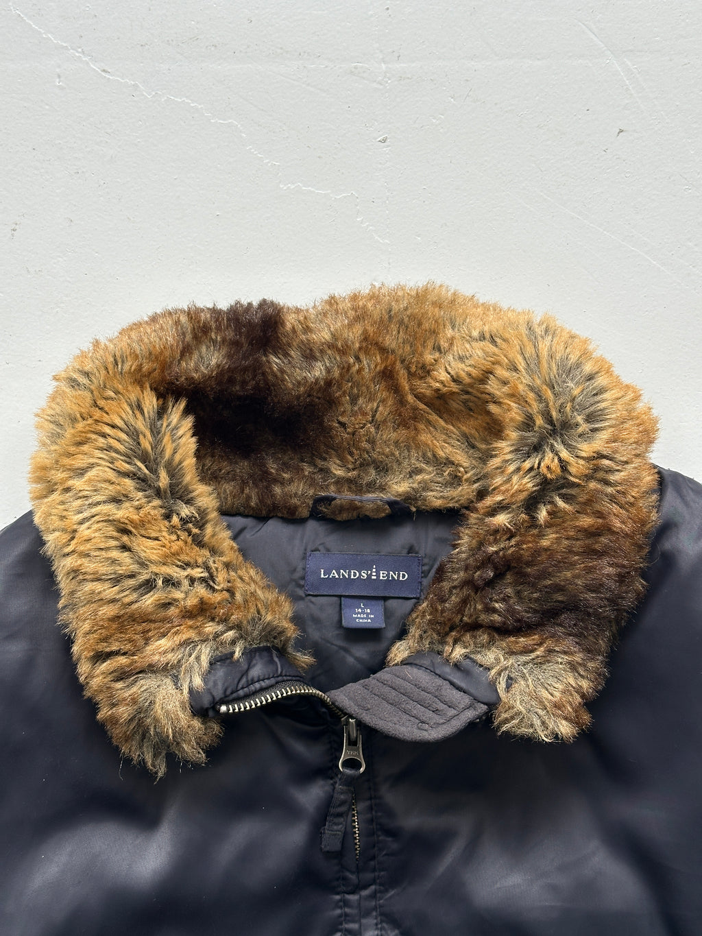 Navy Lands End Vintage 00's Goose Down Faux Fur Puffer - Womens Large 14-16