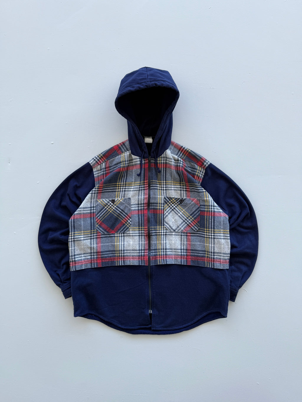 Navy Blue The Mix 90's Vintage Raver Chequered Shirt Hoodie - XL