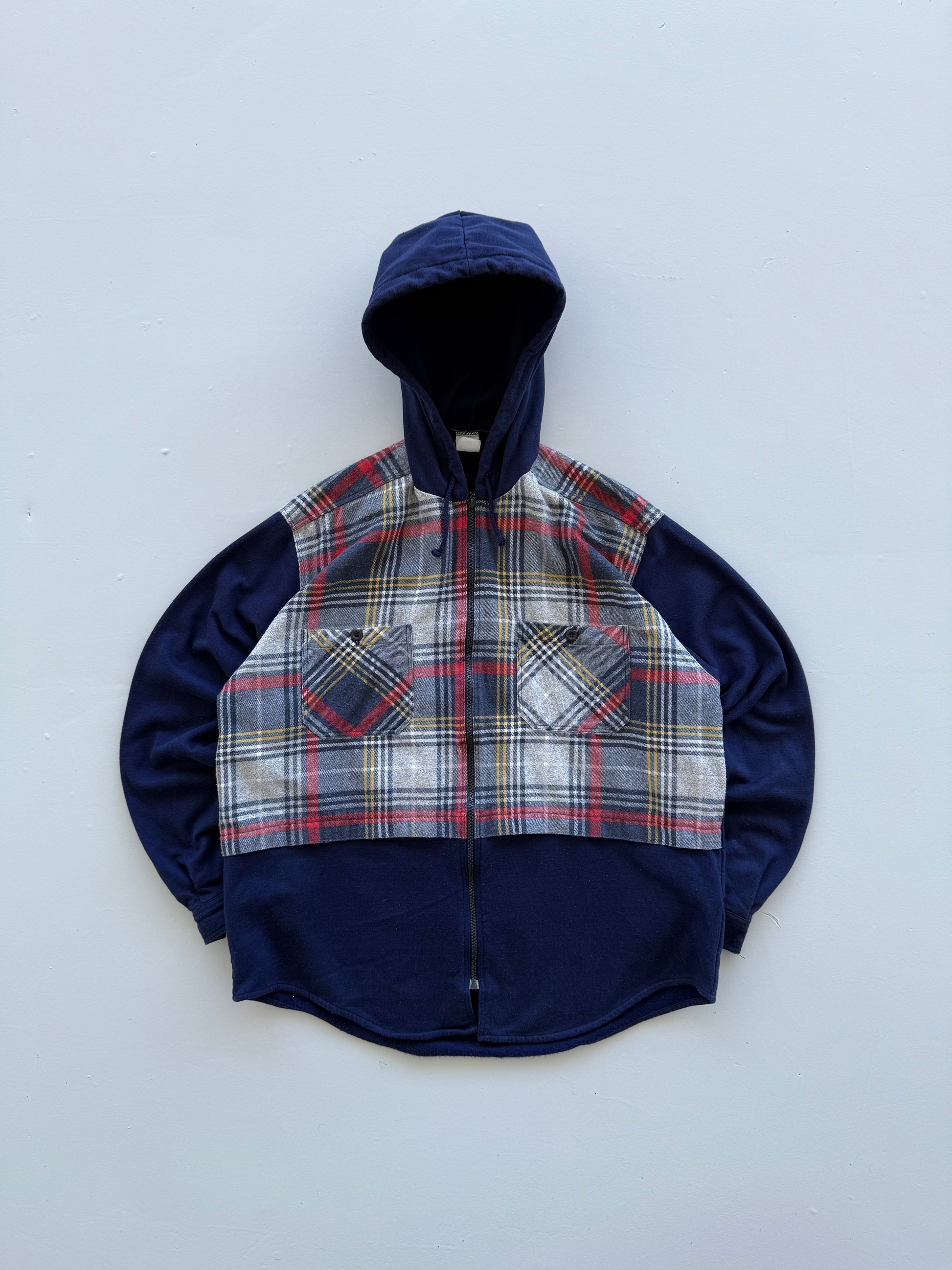 Navy Blue The Mix 90's Vintage Raver Chequered Shirt Hoodie - XL
