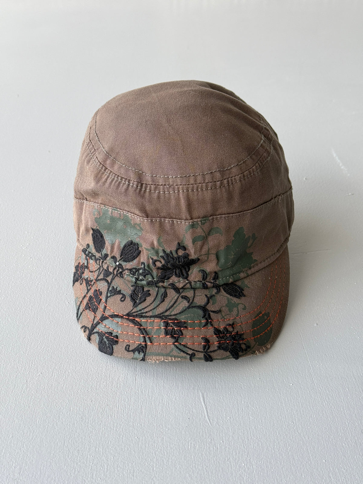 Brown Floral Embroidered Y2K Cadet Cap Military Style 00's Grunge Aesthetic
