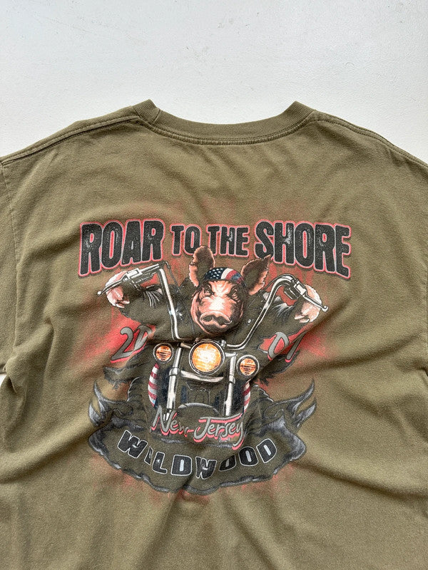 Khaki Green 00s Biker Vintage T-Shirt - Large