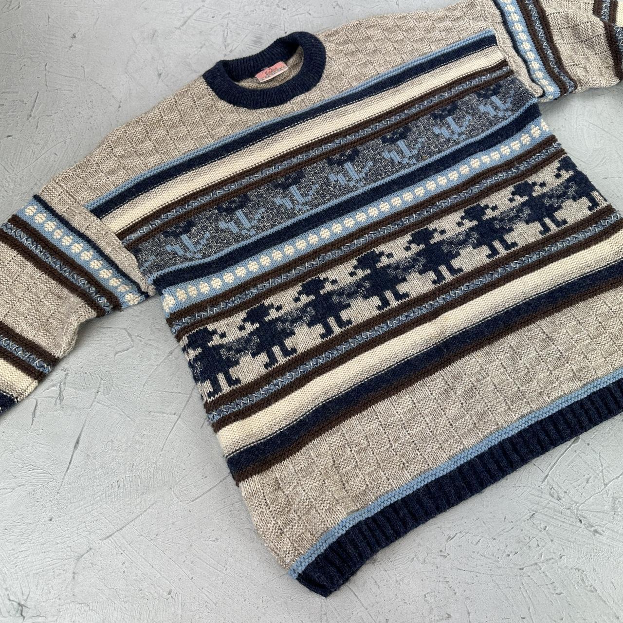 Cream / Navy 90's Woollen Knitted Sweatshirt - Small