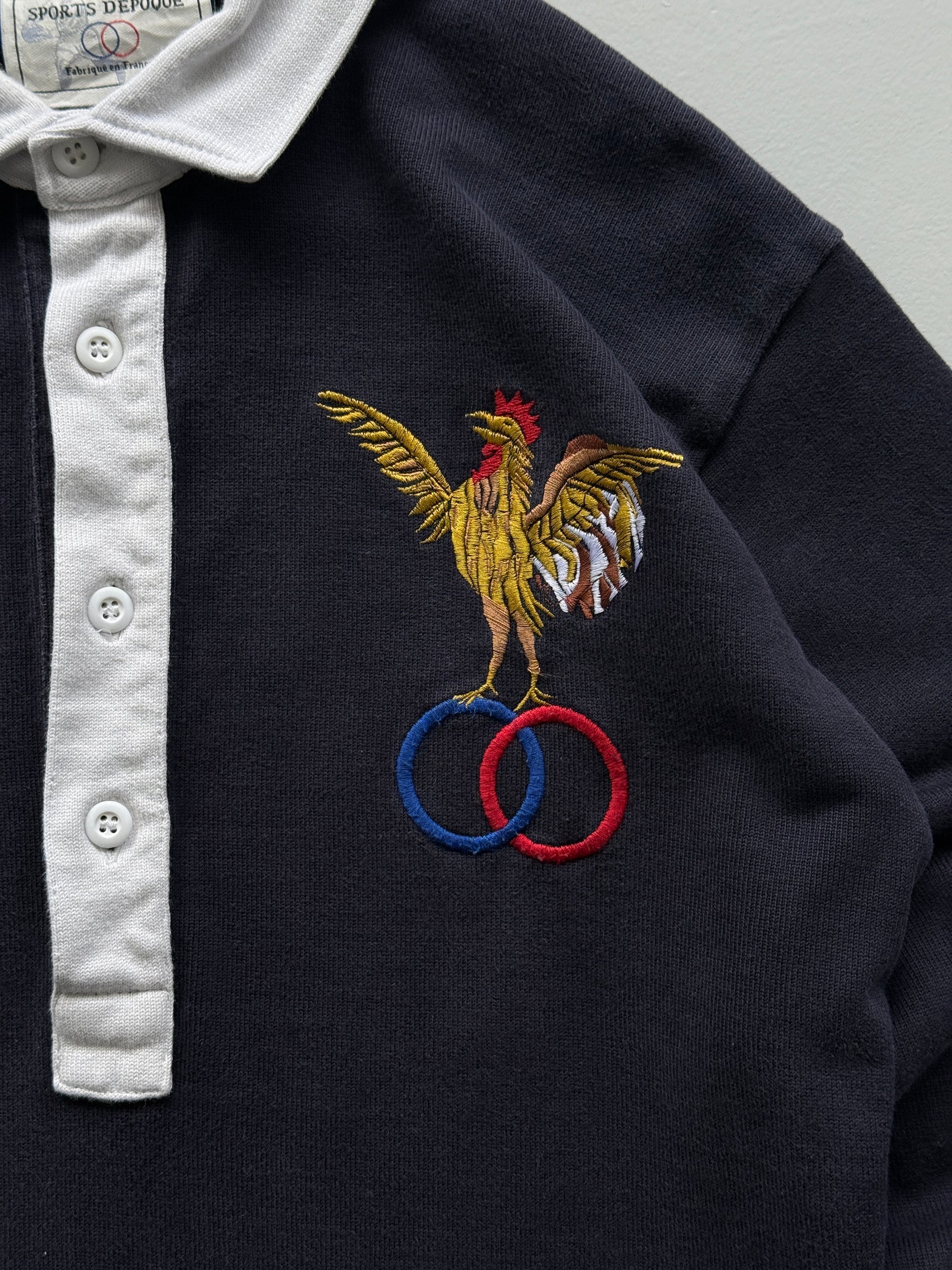 Navy Blue French Rugby 90's Vintage Long Sleeve Jersey Polo - Medium