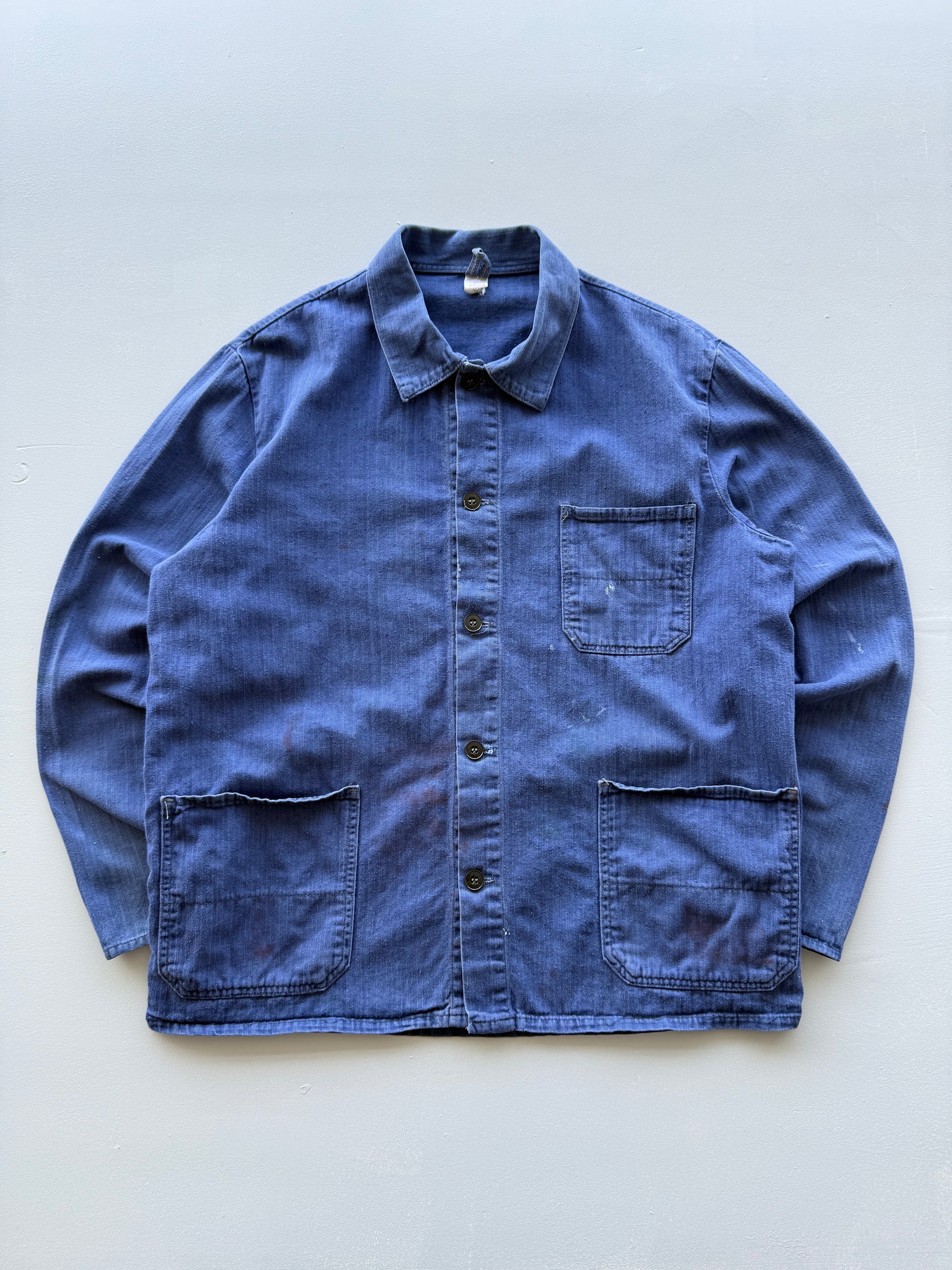 Blue French Chore Jacket 90's Vintage Herringbone Workwear CH309 - Medium