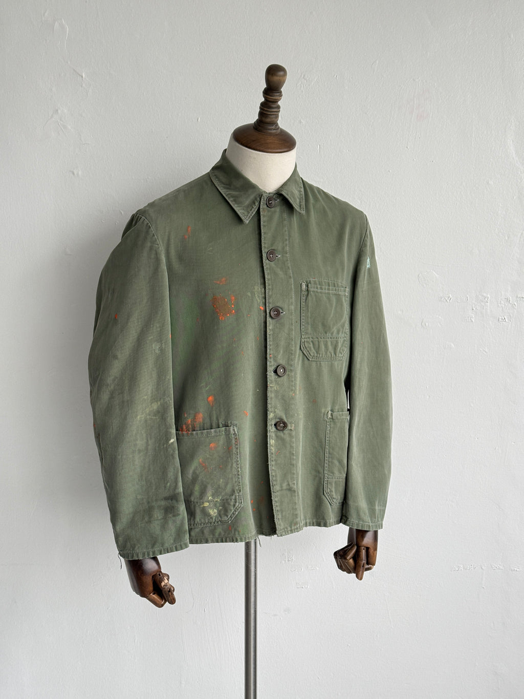 Green French Sashiko Repaired 1950s Vintage Workwear Chore Jacket CH366 - Small