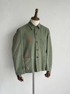 Green French Sashiko Repaired 1950s Vintage Workwear Chore Jacket CH366 - Small